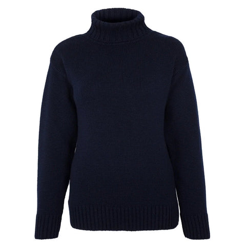 Womens 100% Chunky Merino Wool Submariner Roll Neck Jumper Navy