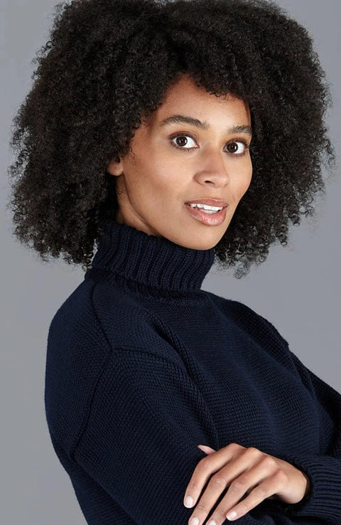 Womens 100% Chunky Merino Wool Submariner Roll Neck Jumper Navy