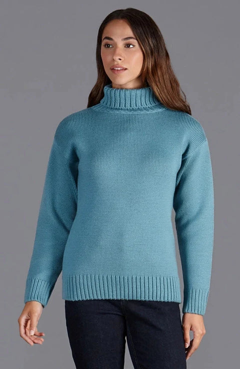 Womens 100% Chunky Merino Wool Submariner Roll Neck Jumper Teal