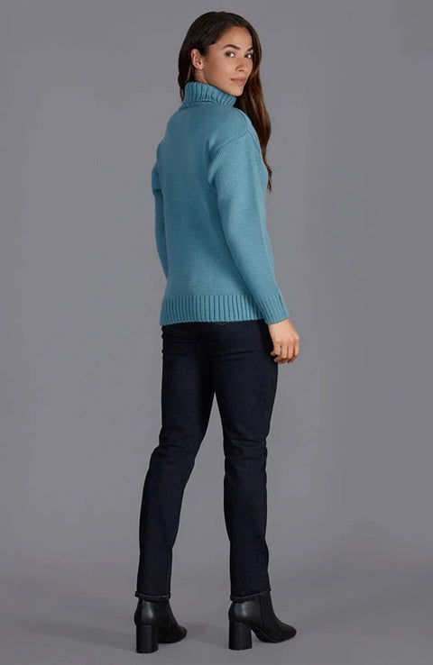 Womens 100% Chunky Merino Wool Submariner Roll Neck Jumper Teal