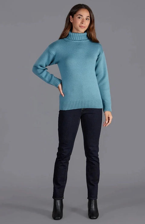 Womens 100% Chunky Merino Wool Submariner Roll Neck Jumper Teal