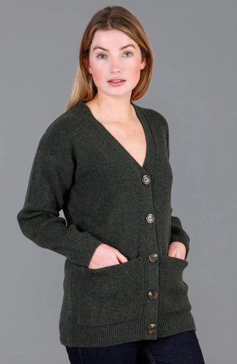 Womens 100% Lambswool V Neck Ribbed Cardigan with Pockets