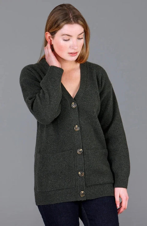 Womens 100% Lambswool V Neck Ribbed Cardigan with Pockets