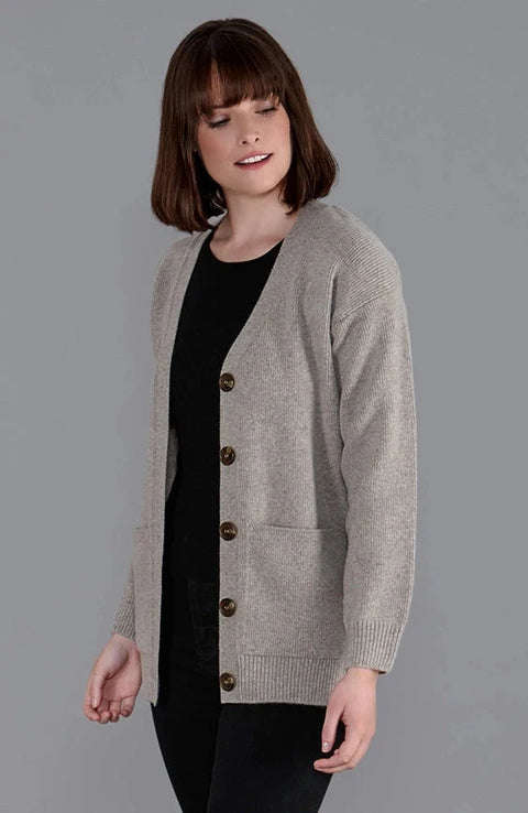Womens 100% Lambswool V Neck Ribbed Cardigan with Pockets Cobble Beige