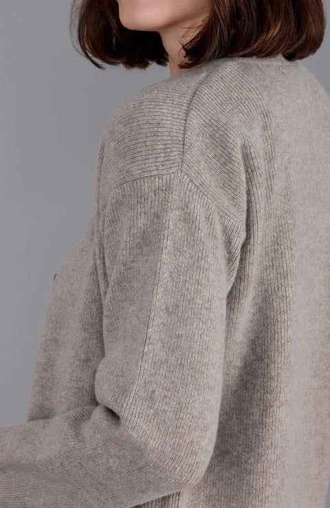 Womens 100% Lambswool V Neck Ribbed Cardigan with Pockets Cobble Beige
