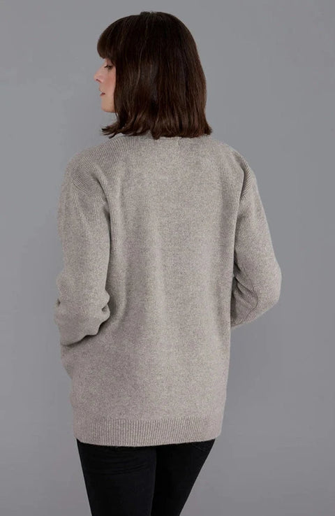 Womens 100% Lambswool V Neck Ribbed Cardigan with Pockets Cobble Beige