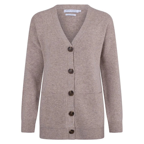 Womens 100% Lambswool V Neck Ribbed Cardigan with Pockets Cobble Beige