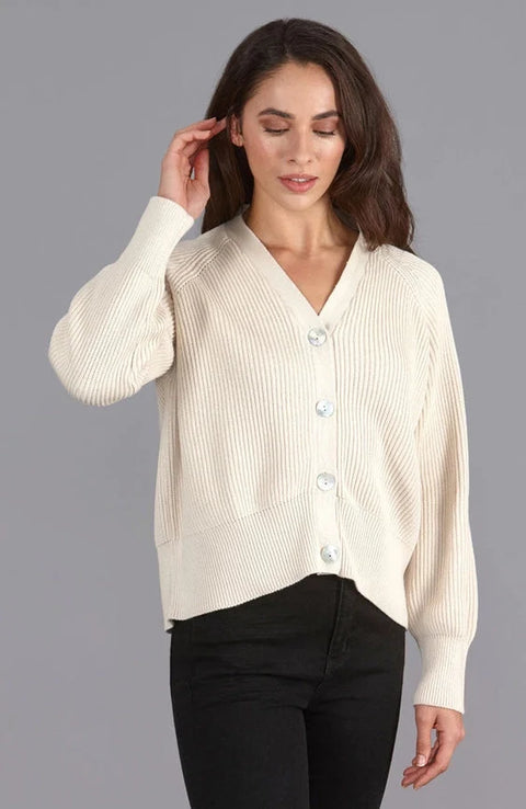 Womens Cotton Oversized V Neck Ribbed Cardigan Ecru