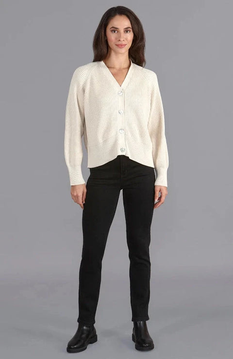 Womens Cotton Oversized V Neck Ribbed Cardigan Ecru