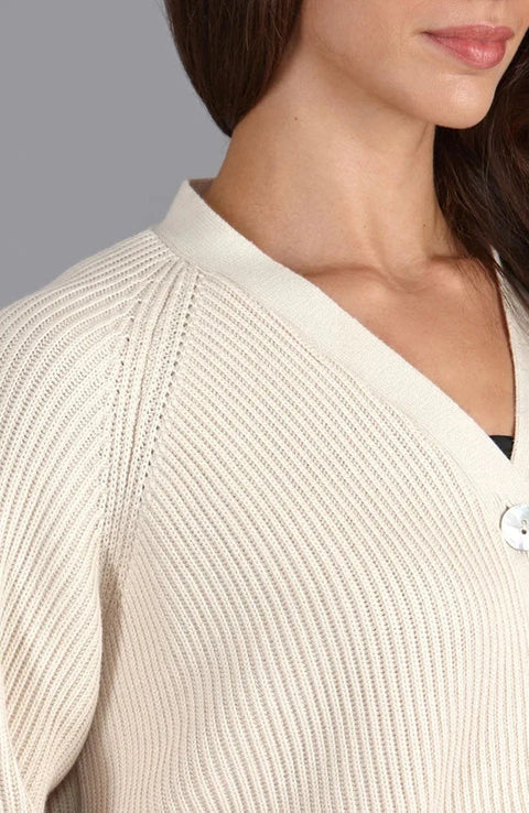 Womens Cotton Oversized V Neck Ribbed Cardigan Ecru