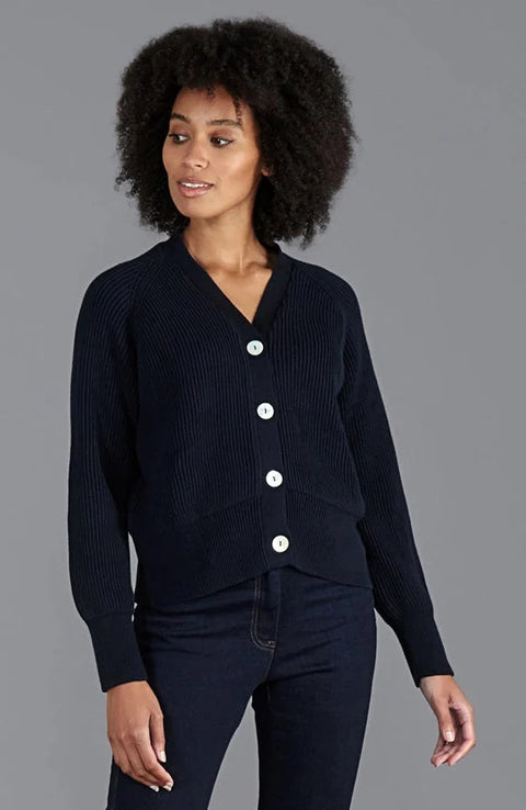 Womens Cotton Oversized V Neck Ribbed Cardigan Navy