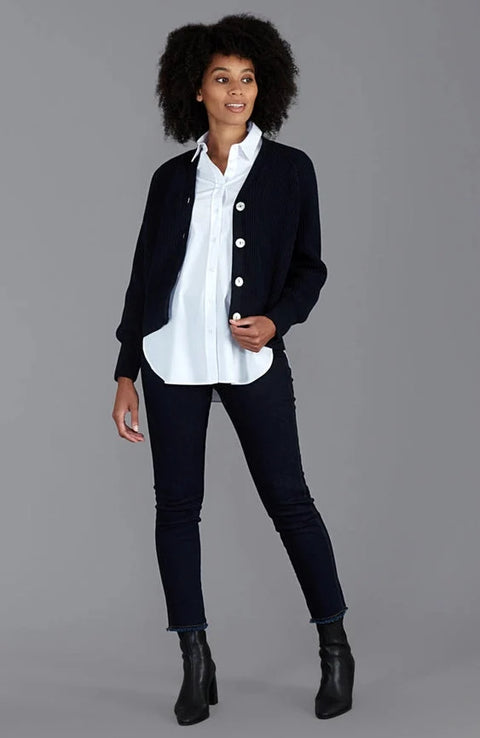 Womens Cotton Oversized V Neck Ribbed Cardigan Navy
