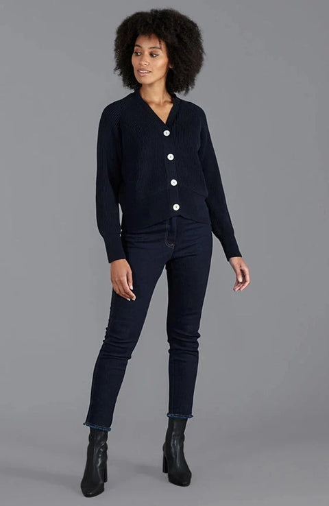 Womens Cotton Oversized V Neck Ribbed Cardigan Navy