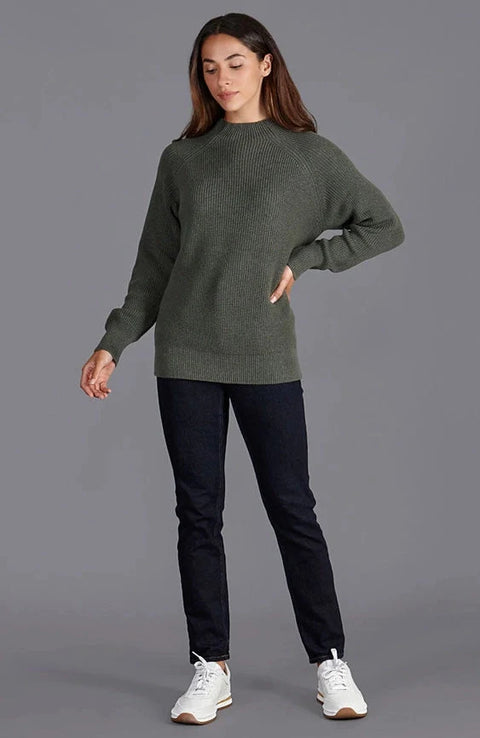 Womens Pure Cotton High Neck Raglan Jumper Khaki