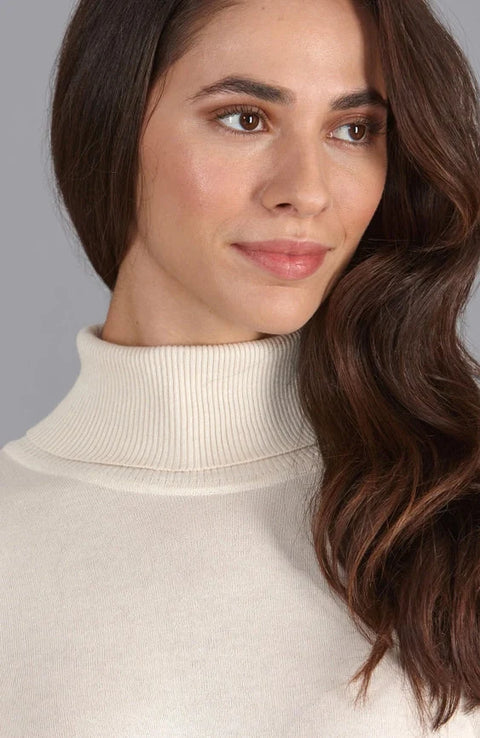 Womens Ultra-Fine Cotton Roll Neck Long Sleeve Jumper Ecru