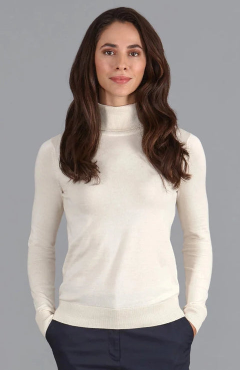 Womens Ultra-Fine Cotton Roll Neck Long Sleeve Jumper Ecru