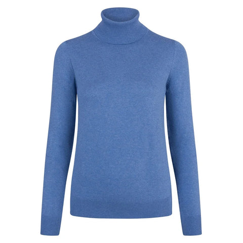 Womens Ultra-Fine Cotton Roll Neck Long Sleeve Jumper French Blue