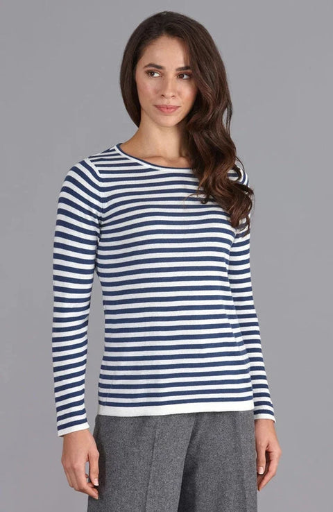 Womens Ultra Fine Cotton Round Neck Breton Stripe Jumper  Insignia Blue