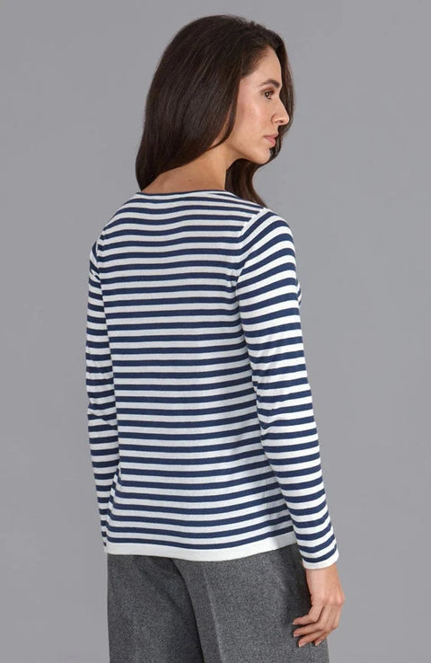 Womens Ultra Fine Cotton Round Neck Breton Stripe Jumper  Insignia Blue