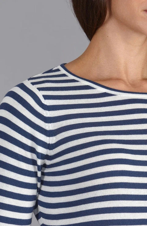 Womens Ultra Fine Cotton Round Neck Breton Stripe Jumper  Insignia Blue