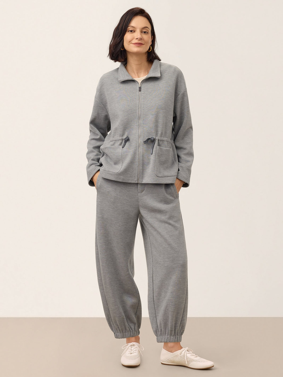 Wool Mid Waist Curved Leg Drawstring Hem Pants ZORELLE