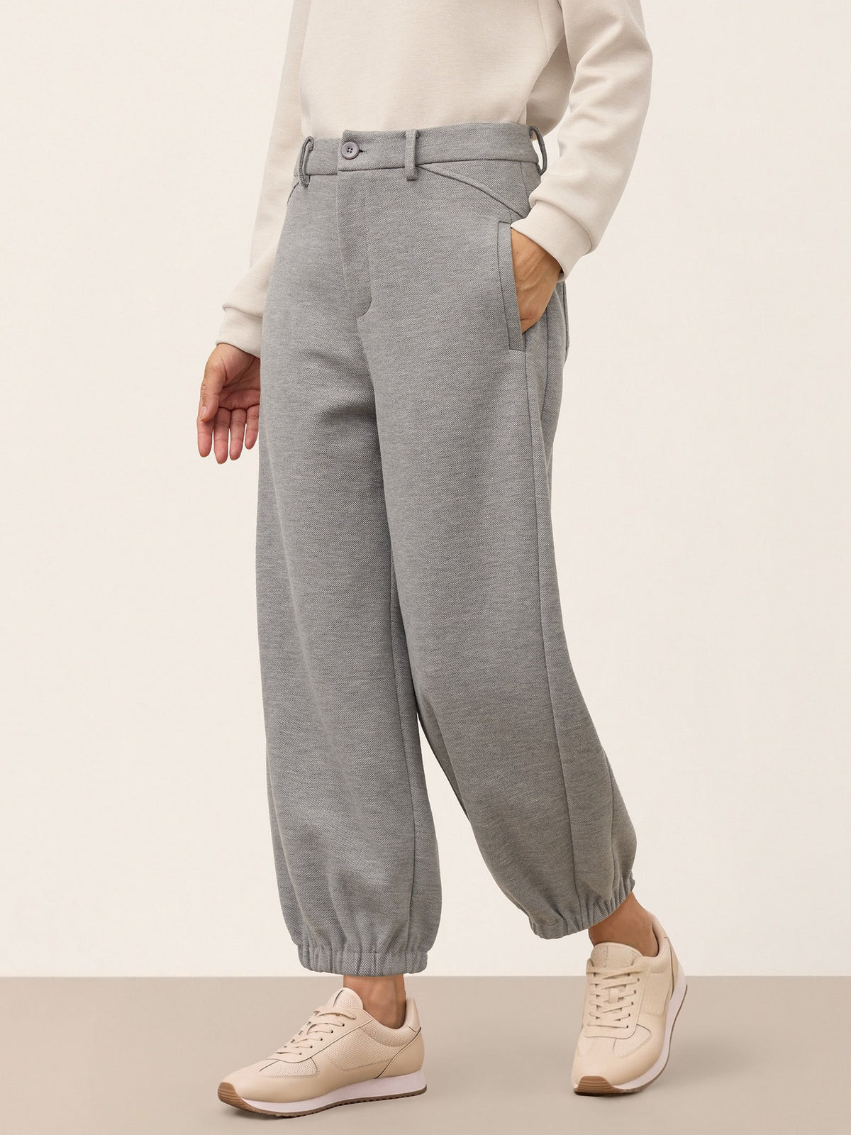 Wool Mid Waist Curved Leg Drawstring Hem Pants ZORELLE