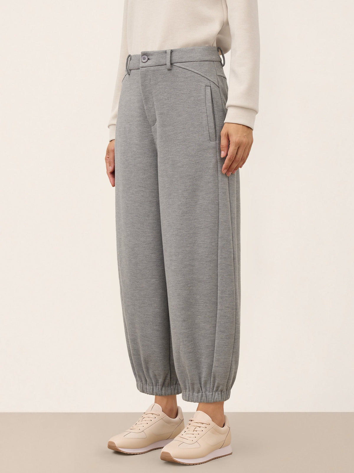 Wool Mid Waist Curved Leg Drawstring Hem Pants ZORELLE