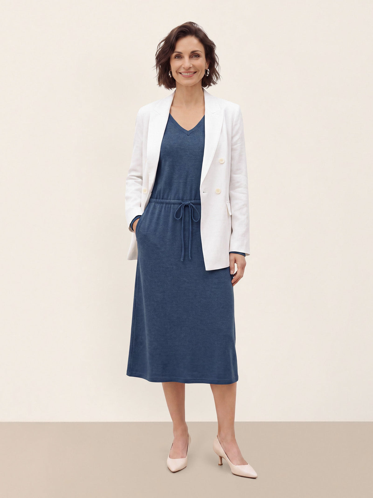 Wool V Neck Drawstring Waist Knit Midi Dress NOEMIE