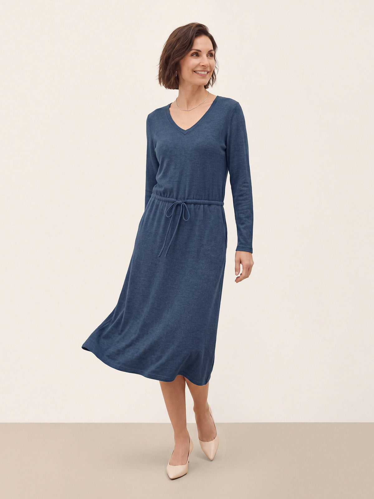 Wool V Neck Drawstring Waist Knit Midi Dress NOEMIE