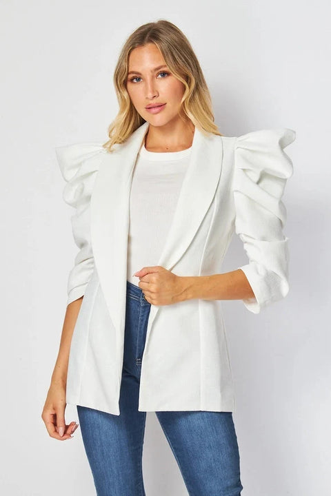 Woven Solid Textured 3/4 Sleeve Power Shoulder Jacket
