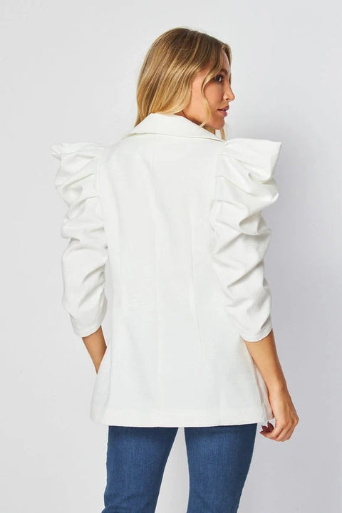 Woven Solid Textured 3/4 Sleeve Power Shoulder Jacket