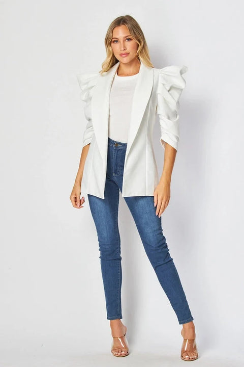 Woven Solid Textured 3/4 Sleeve Power Shoulder Jacket