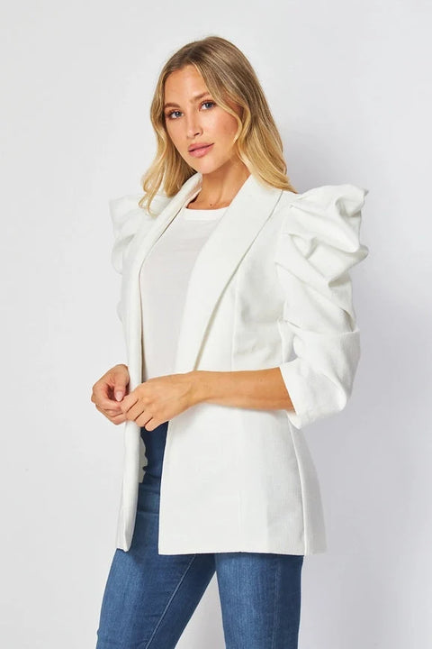 Woven Solid Textured 3/4 Sleeve Power Shoulder Jacket