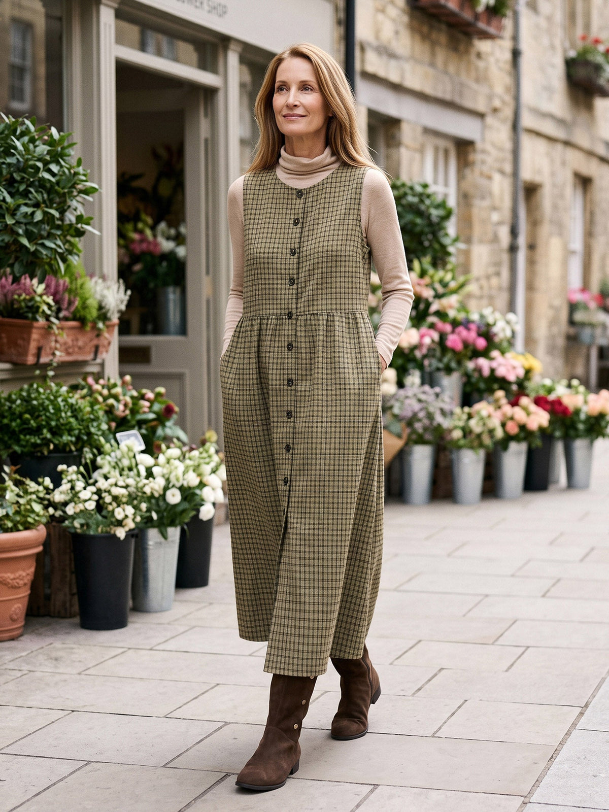 100% Cotton Yarn Dyed Check Gathered Waist Sleeveless Midi Dress CASSARA