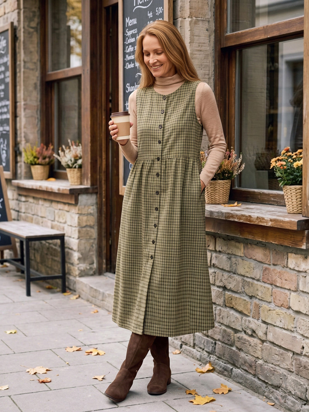 100% Cotton Yarn Dyed Check Gathered Waist Sleeveless Midi Dress CASSARA