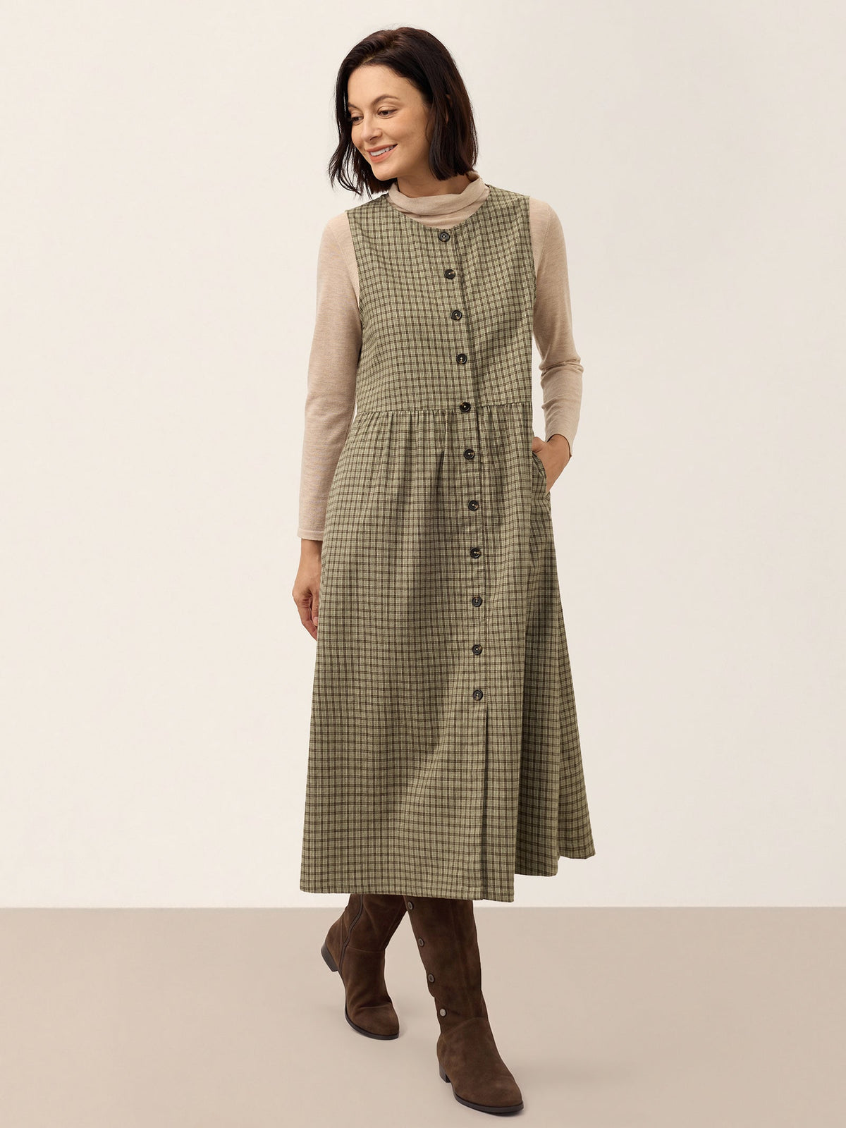100% Cotton Yarn Dyed Check Gathered Waist Sleeveless Midi Dress CASSARA