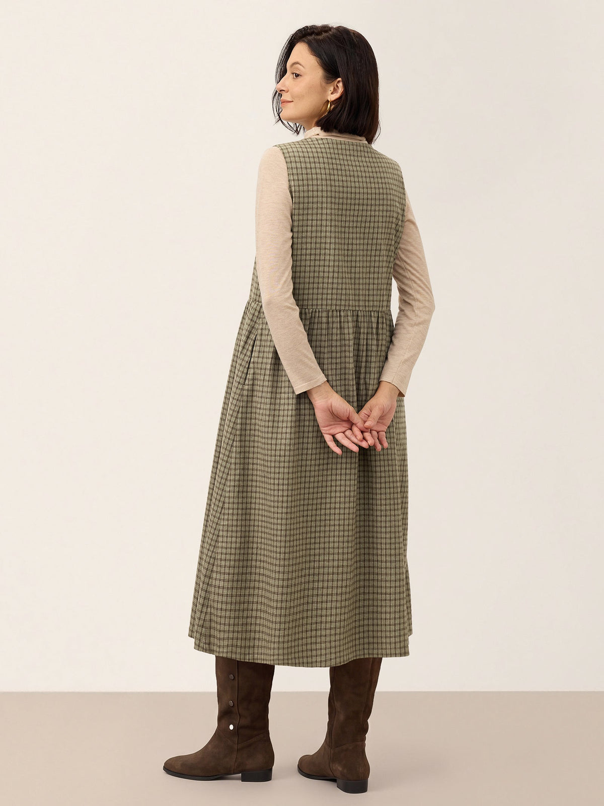 100% Cotton Yarn Dyed Check Gathered Waist Sleeveless Midi Dress CASSARA