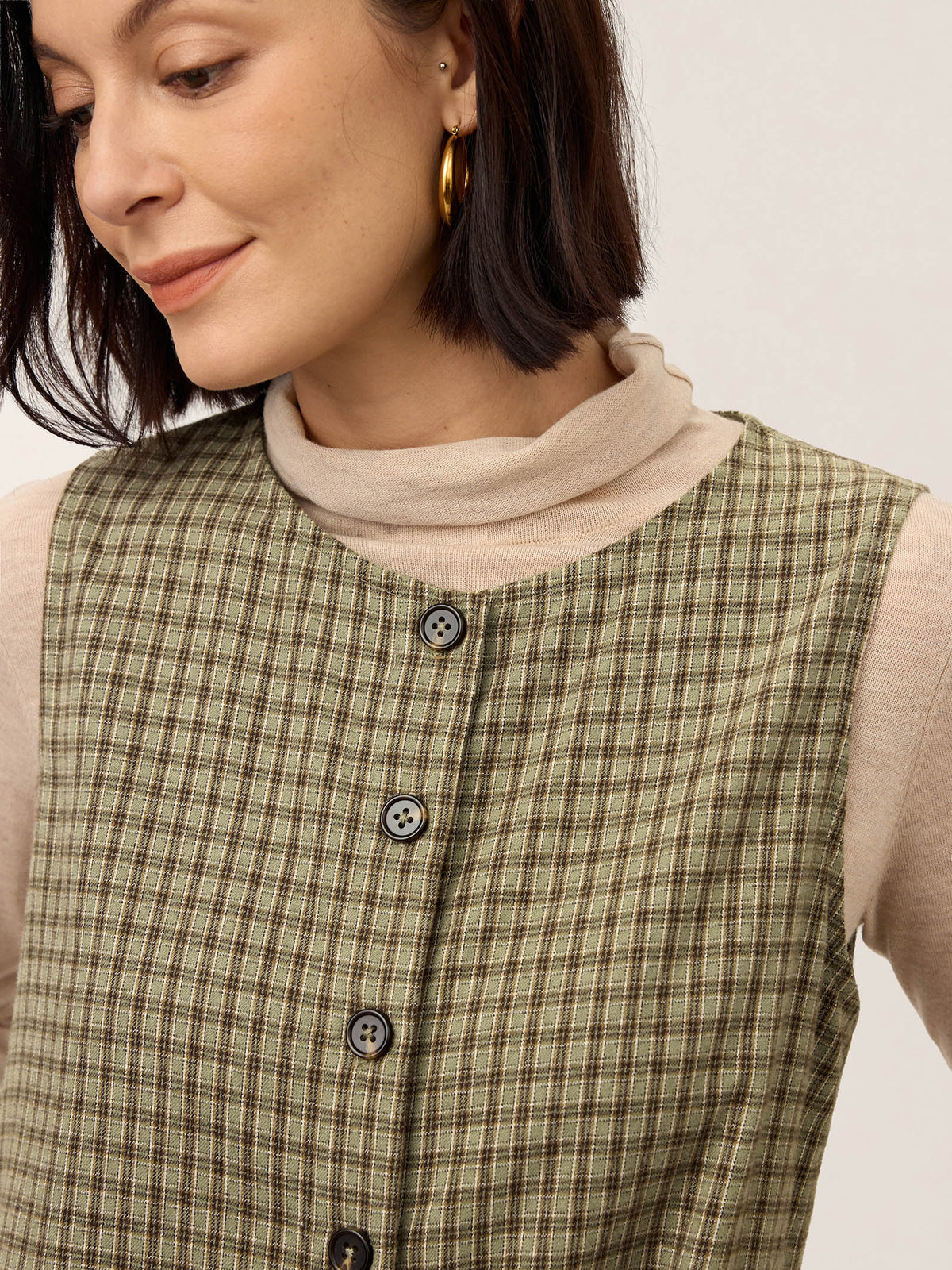 100% Cotton Yarn Dyed Check Gathered Waist Sleeveless Midi Dress CASSARA