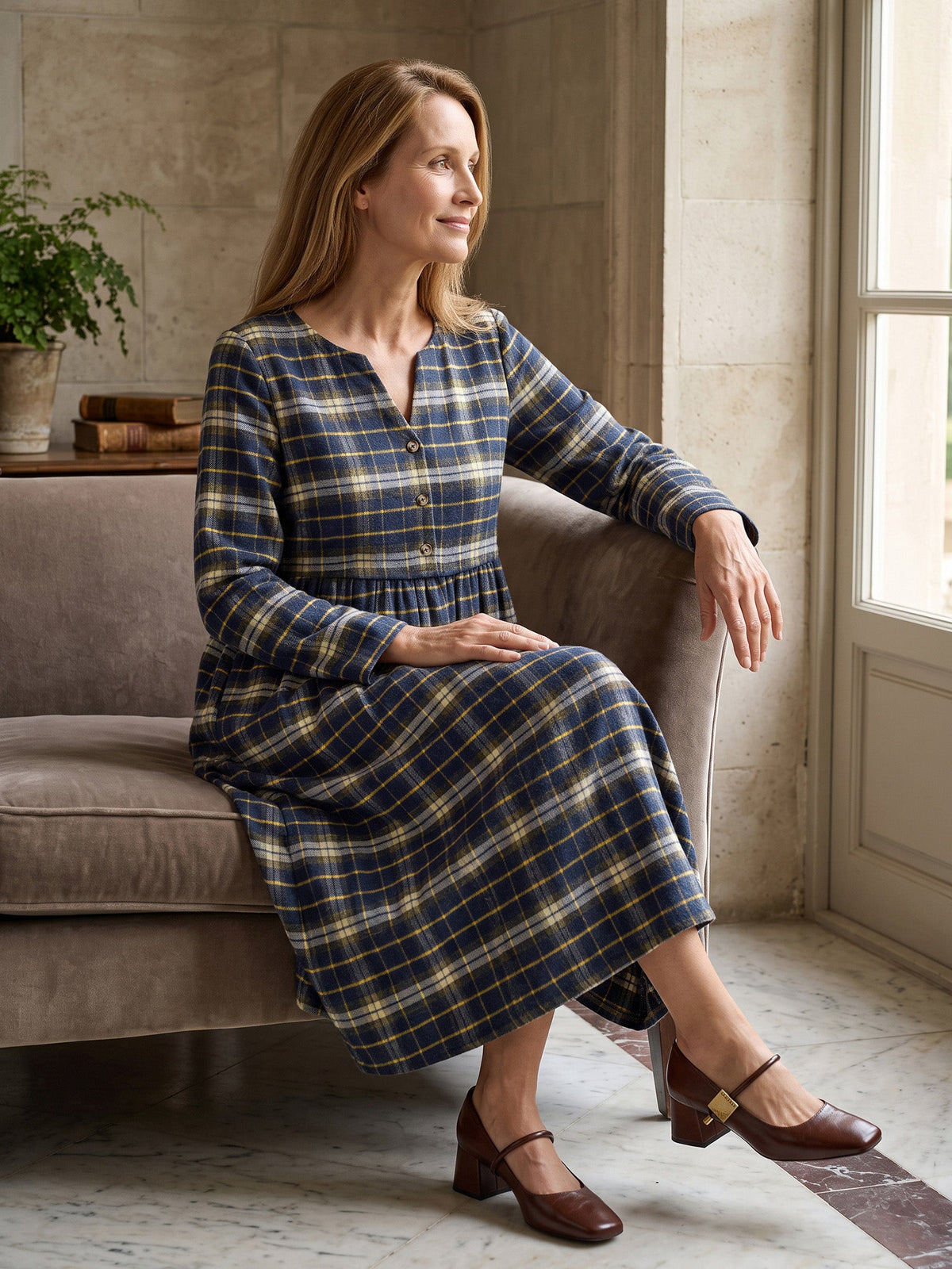 100% Cotton Yarn Dyed Check Split Neck Gathered Waist Midi Dress VIONA