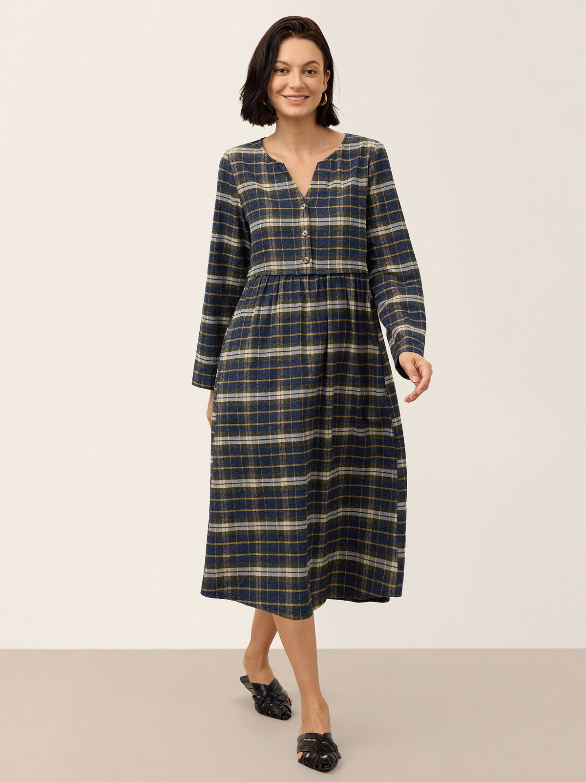 100% Cotton Yarn Dyed Check Split Neck Gathered Waist Midi Dress VIONA