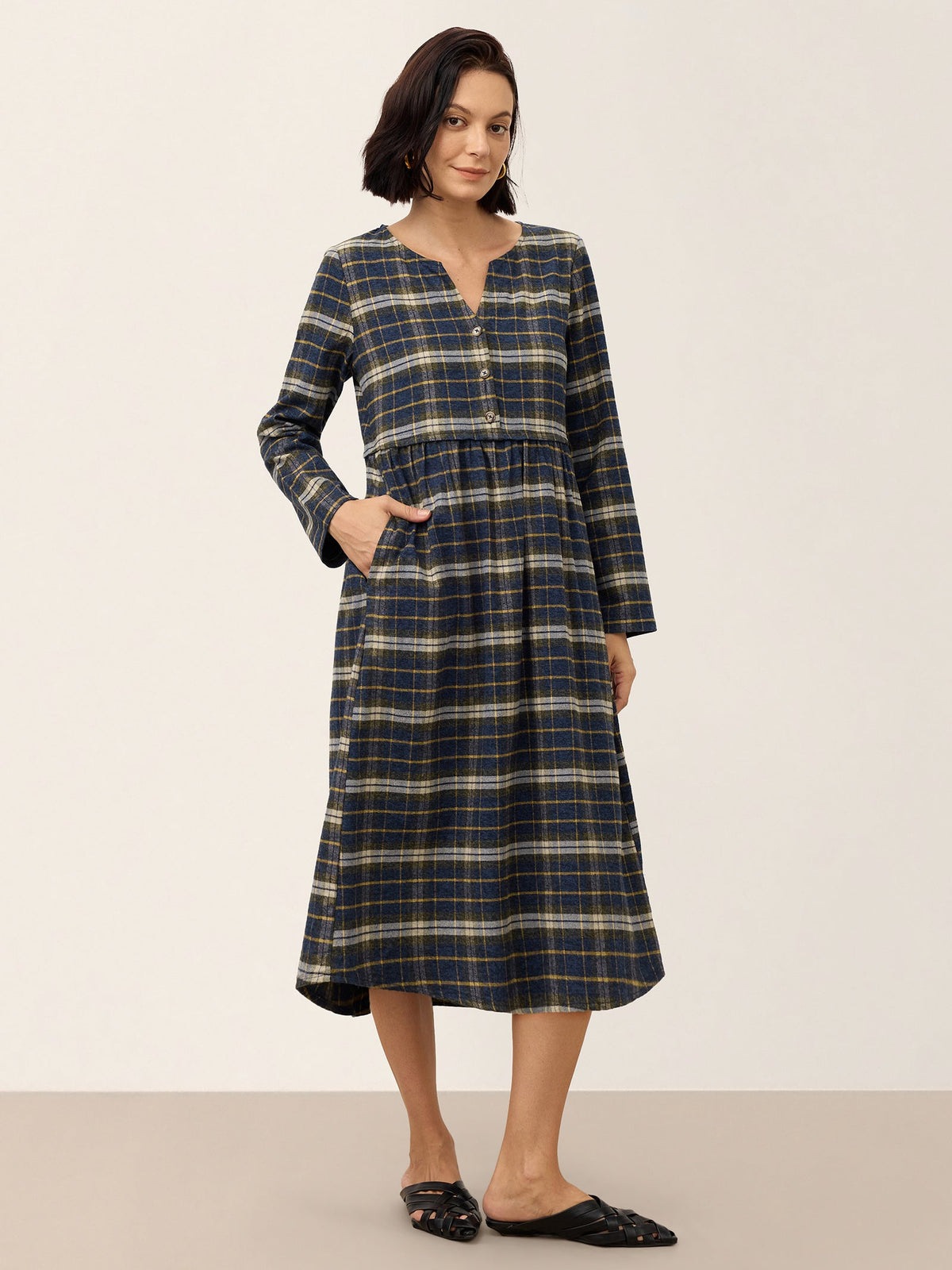 100% Cotton Yarn Dyed Check Split Neck Gathered Waist Midi Dress VIONA