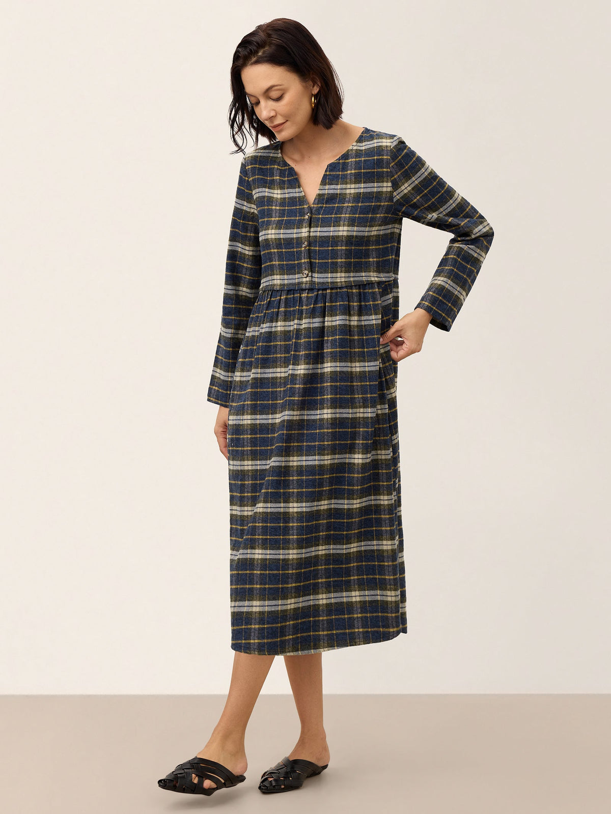 100% Cotton Yarn Dyed Check Split Neck Gathered Waist Midi Dress VIONA