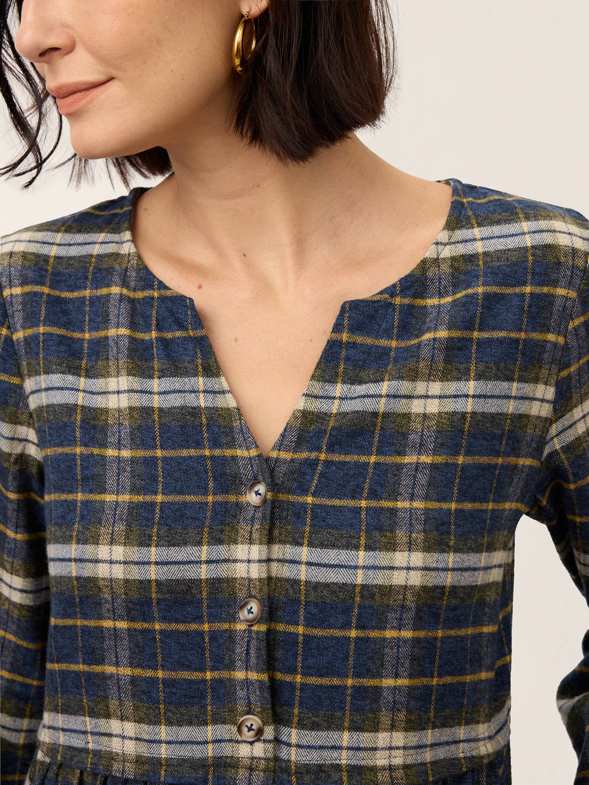 100% Cotton Yarn Dyed Check Split Neck Gathered Waist Midi Dress VIONA