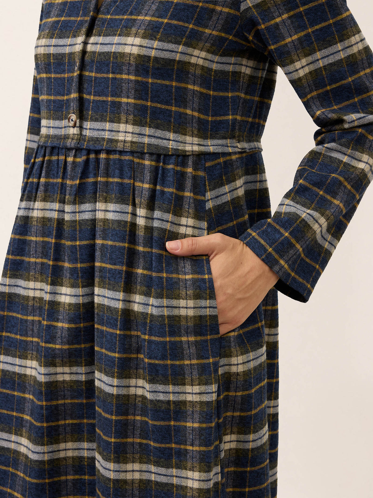 100% Cotton Yarn Dyed Check Split Neck Gathered Waist Midi Dress VIONA