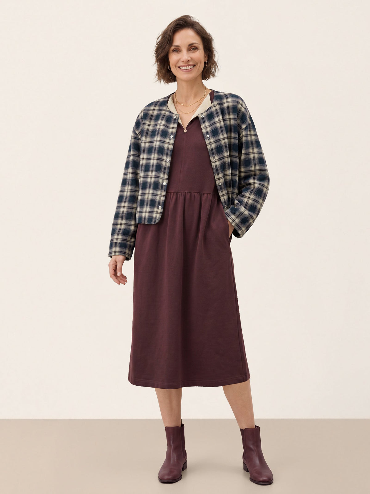 Cotton Yarn Dyed Color Block Gathered Waist Midi Shirt Dress YARITZA