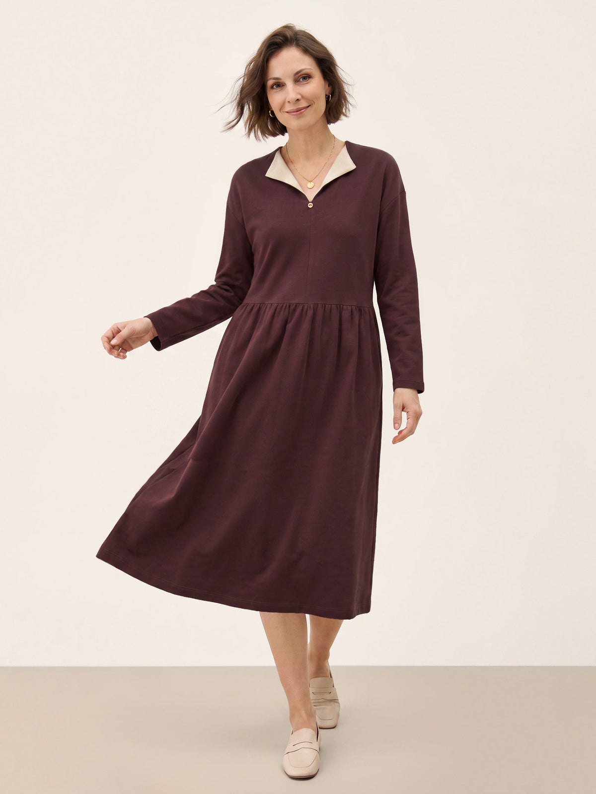 Cotton Yarn Dyed Color Block Gathered Waist Midi Shirt Dress YARITZA