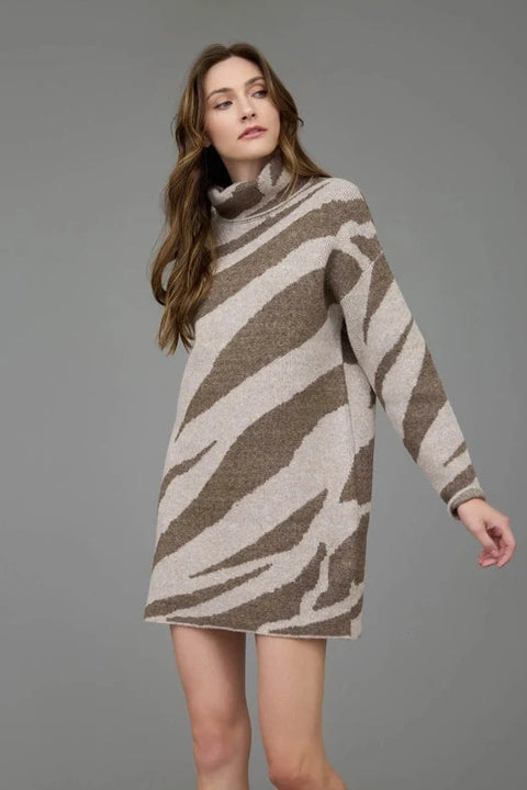 Zebra Print Long Sleeve Turtleneck Sweater Dress in Brown