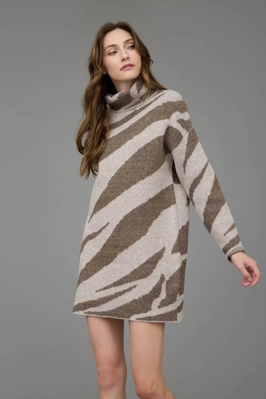 Zebra Print Turtleneck Long Sleeve Sweater Dress BROWN