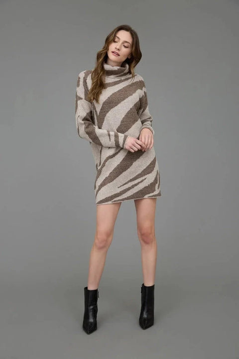 Zebra Print Long Sleeve Turtleneck Sweater Dress in Brown