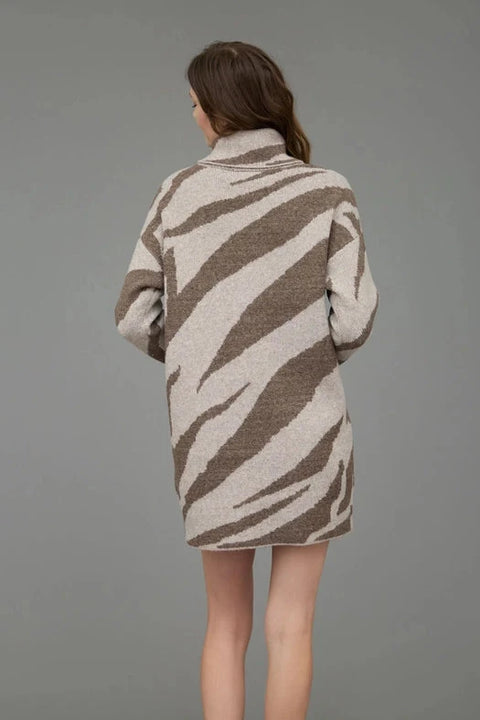 Zebra Print Long Sleeve Turtleneck Sweater Dress in Brown